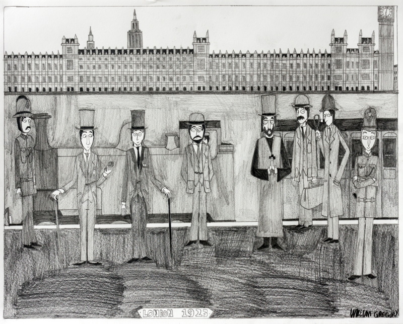 A drawing of 8 men dressed in 1920s clothes standing in front of Westminster