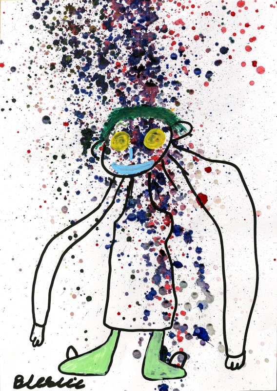 Dark blue, grey, dark red, peach and pink paint splattered on white paper. On top of this is an exaggerated outline of a person that has been drawn in thick black paint pen in a cartoon style.
