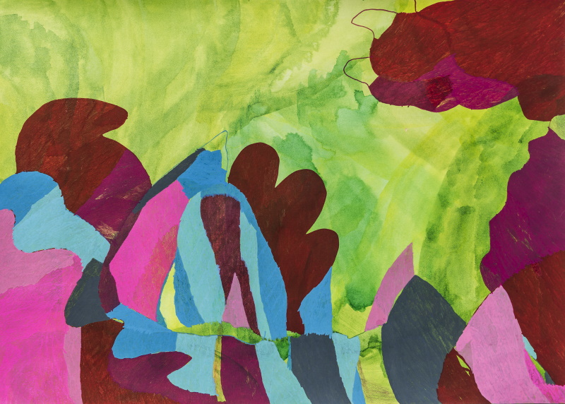 An abstract artwork in landscape orientation featuring shapes in pink, red and blue on a green background.