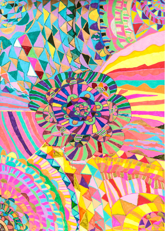 A bright colourful artwork drawn using paint pens with a patterned flower in the centre and different patterns radiating out from it