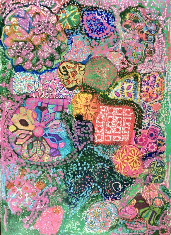 An abstract mixed media artwork on paper in portrait orientation. The artwork is made up of lots of different patterns and shapes arranged in small clusters. The artwork has lots of colours in it, green and pink in particular.