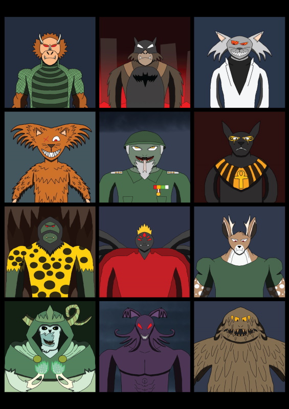 A digital print featuring a grid twelve drawings of monsters from the torso up in mostly dark colours and tones.