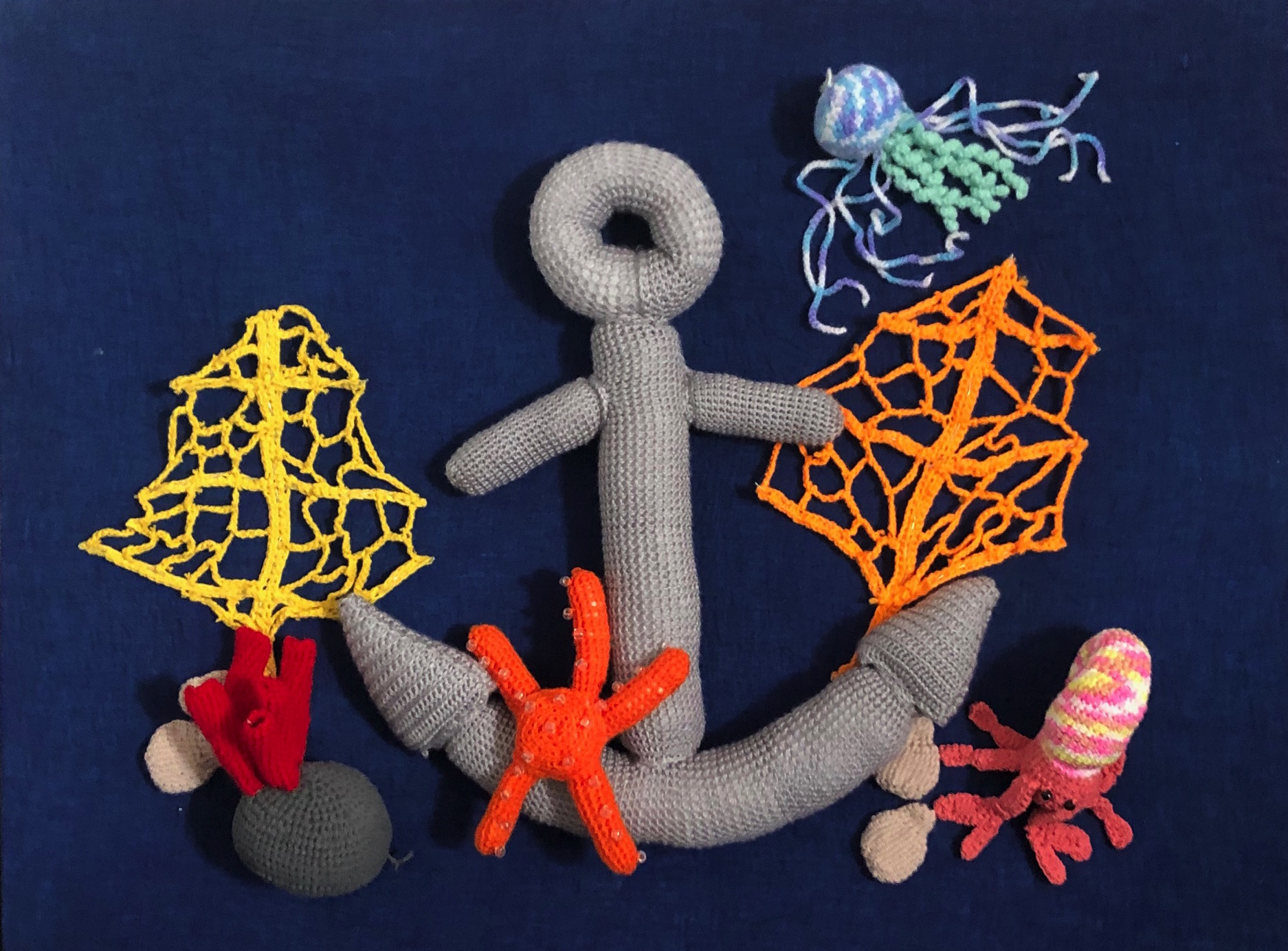 Landscape of sea themed crochet sculptures