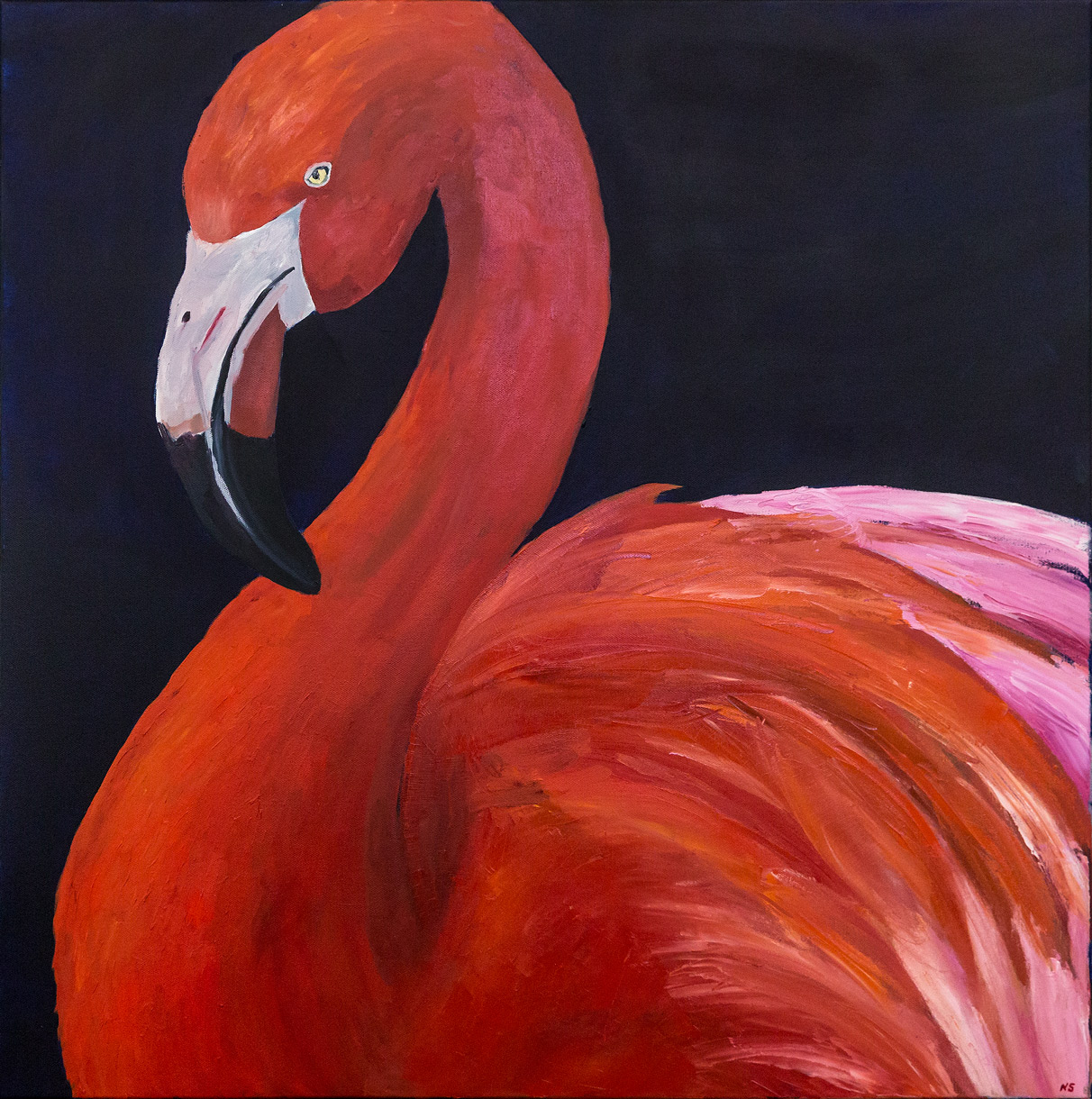 Square artwork of a flamingo on dark blue