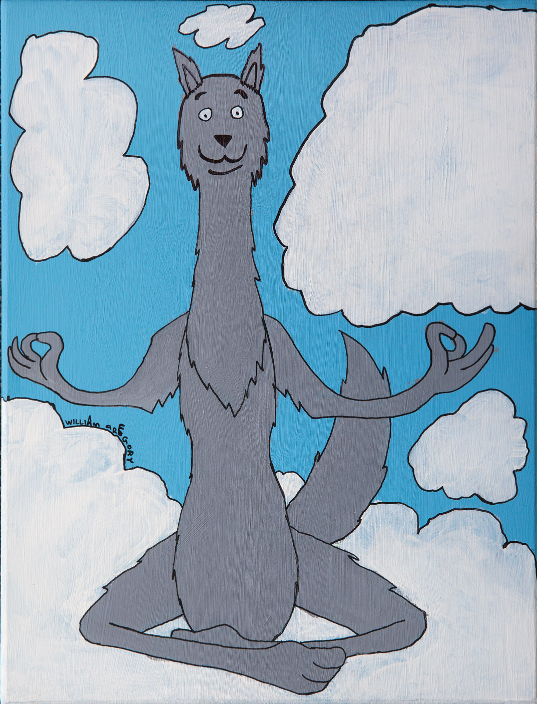 Portrait of floating Yoga wolf in the clouds