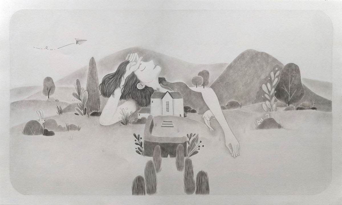 Drawing of a woman merged with landscape around Carrick Hill