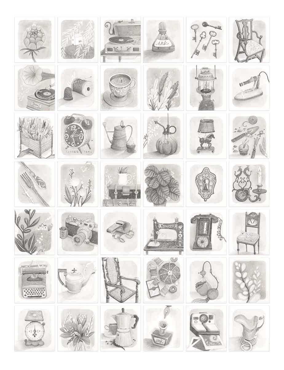Collage of drawings of domestic objects