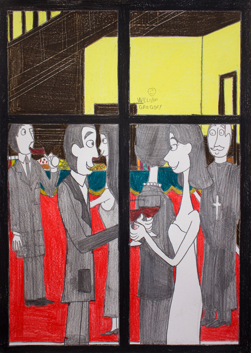 Drawing of a party scene seen through window bars