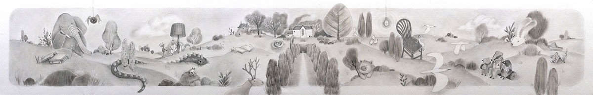 Drawing of Carrick Hill gardens with storybook characters