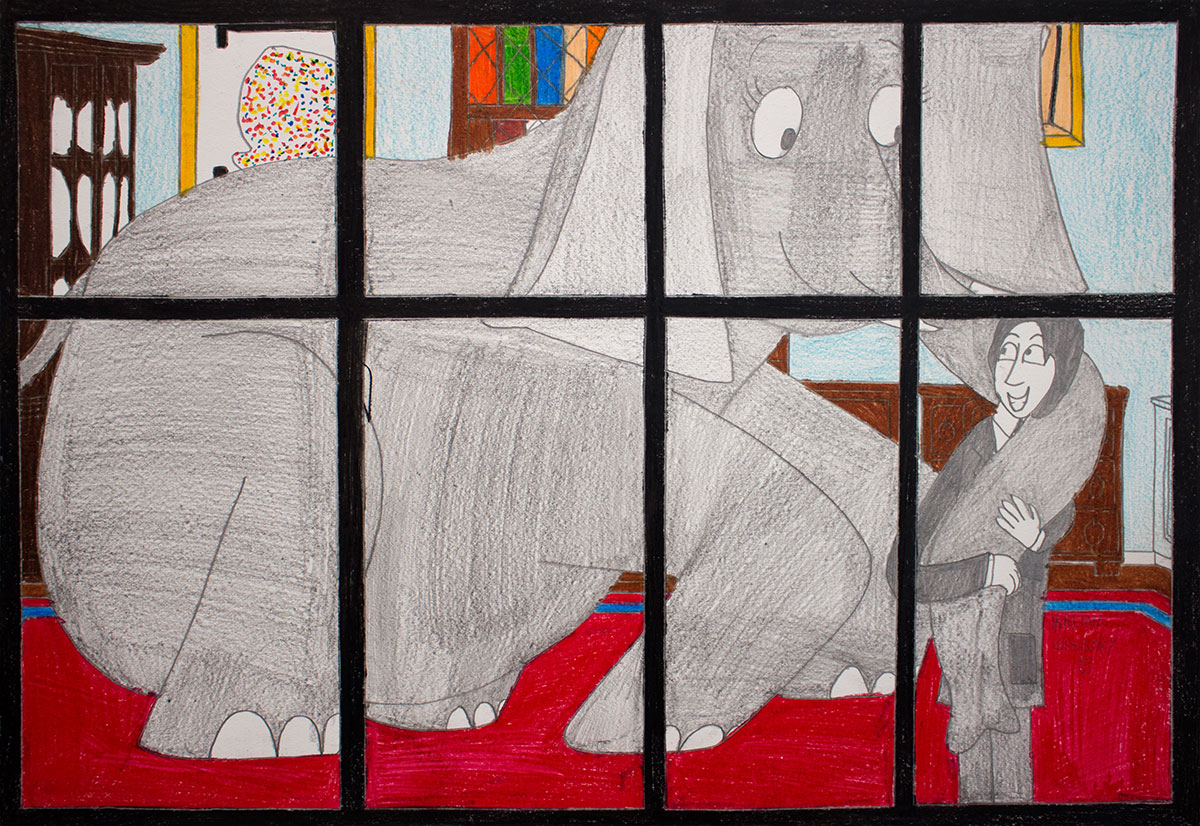 Drawing of an elephant seen through a window
