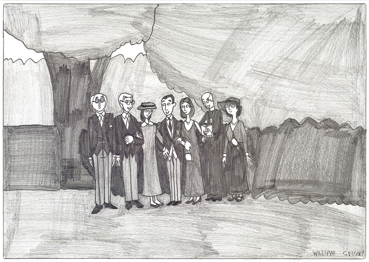 Drawing of a group of people in a garden