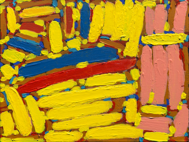 Abstract artwork using yellow, red, blue and pink lines