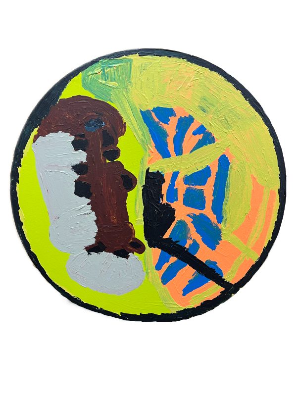 A circular abstract artwork using yellow, blue, brown, grey and salmon colours