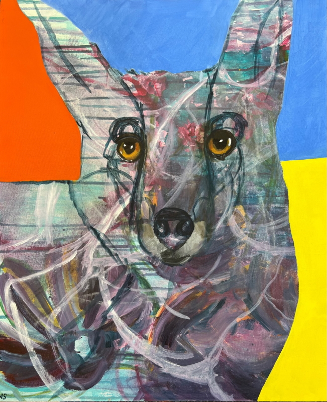 Artwork of a dog on a brightly coloured geometric background