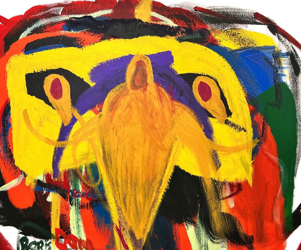 A landscape image of a creature looking directly you. It is painted in bright primary colours with black and bold expressive brushstrokes.