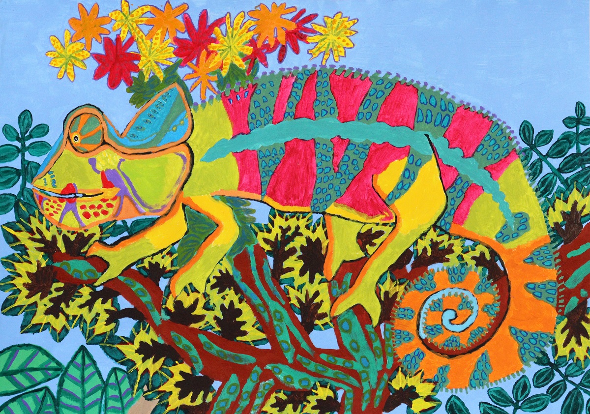 Brightly coloured painting of a chameleon on a leafy branch