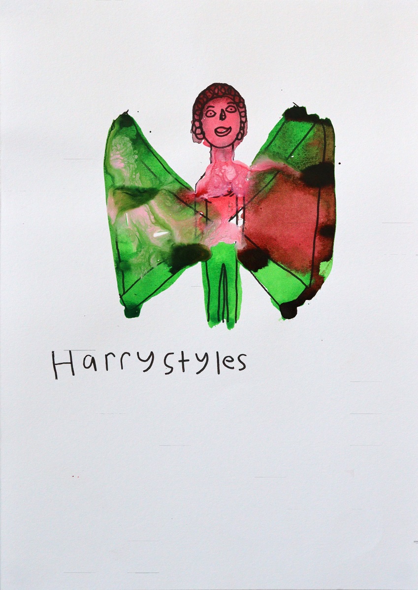 Black pen drawing of a figure with red and green wings next to the words ‘Harry Styles’.