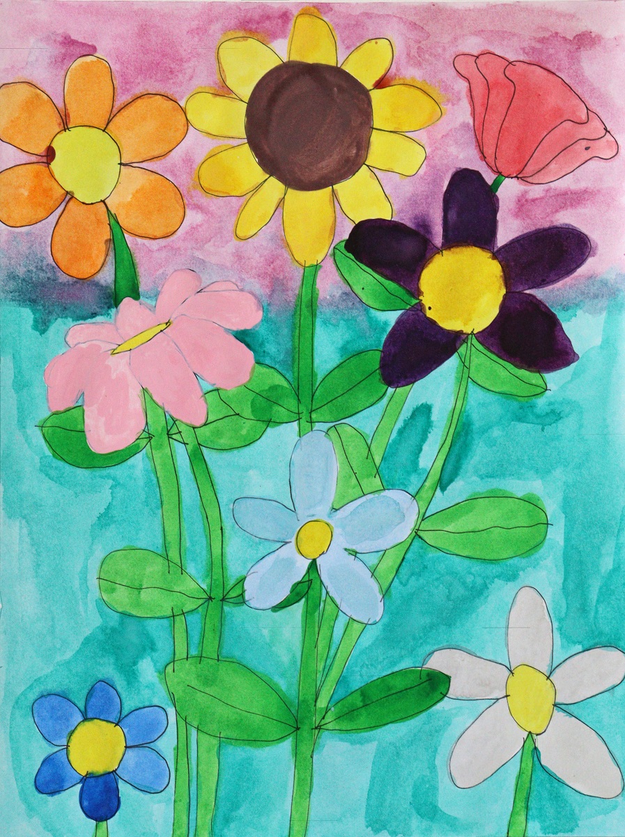 Ink artwork of bouquet of flowers in pastel tones