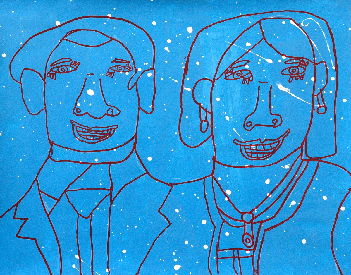 A line drawing portrait of King Charles and Queen Camilla on a blue background with white splatter