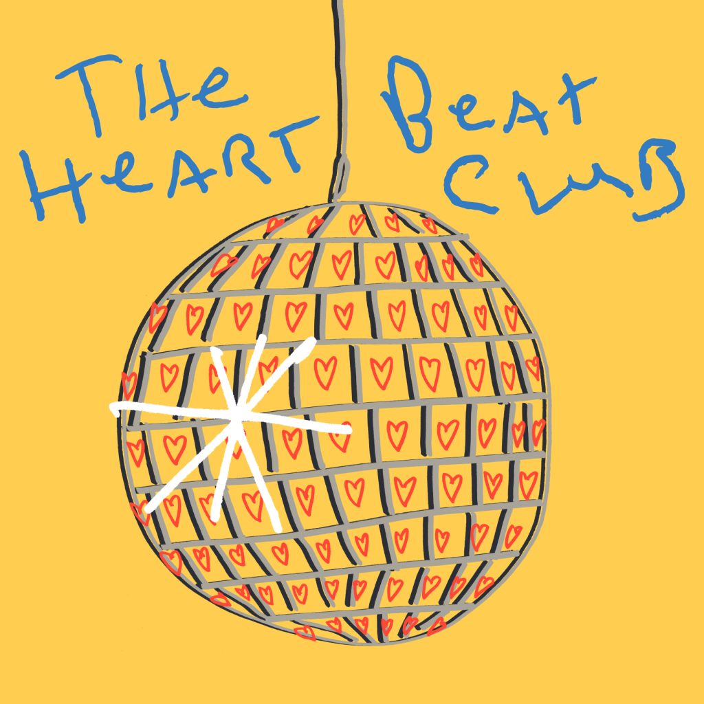A graphic of a disco ball with the words "The Heart Beat Club"